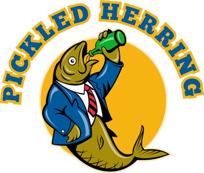illustration of a cartoon Herring fish business suit drinking beer bottle isolated on white with words "pickled herring"