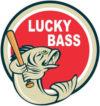 illustration of a Bass with baseball bat and wording "lucky bass" inside circle done in retro style