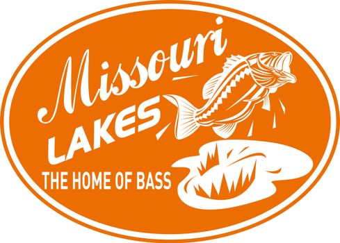 illustration of a largemouth bass jumping with words "missouri lakes home of bass"