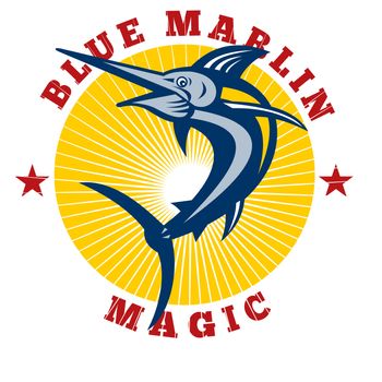 illustration of a blue marlin jumping with sunburst and words "blue marlin magic"