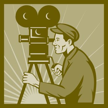 illustration of a Vintage movie or television film camera and director viewed from a low angle done in retro style.