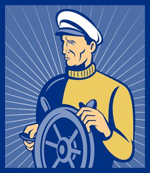 Imagery shows a ship captain at the helm done done in retro style