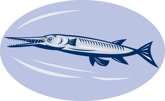 illustration of a Needlefish (family Belonidae)done in retro woodcut style.