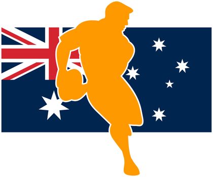Illustration of a rugby player running passing ball with flag of flag of australia