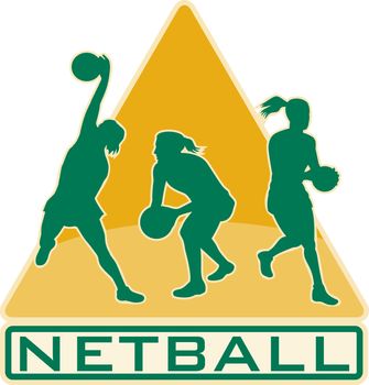 illustration of a netball player catching jumping passing ball with shield or triangle in the background
