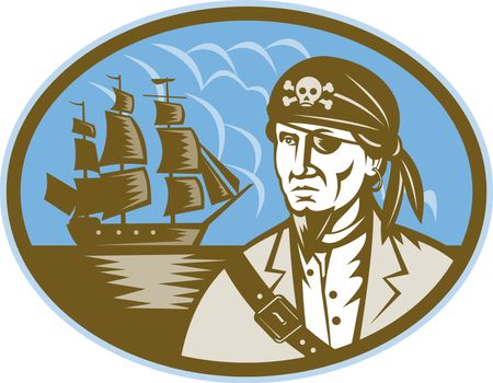 illustration of a Pirate with sailing tall ship in background done in woodcut style