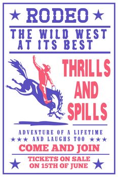 retro style illustration of a Poster showing an American  Rodeo Cowboy riding  a bucking bronco horse jumping viewed from side with words "Annual Benefit Rodeo the wild west at its best"