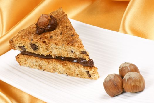 Slice of hazelnut and chocolate cream cake served on a white plate over a yellow background.