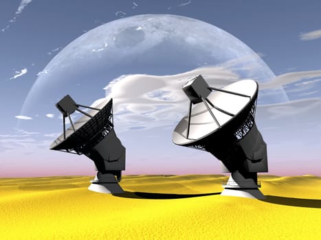 radio telescope in the desert and moon