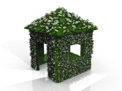the green house with grass and flowers