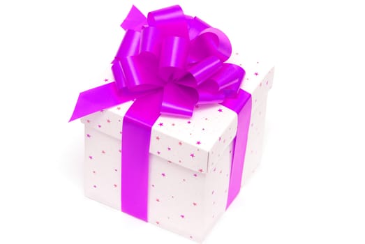 White gift box with pink ribbon isolated on white