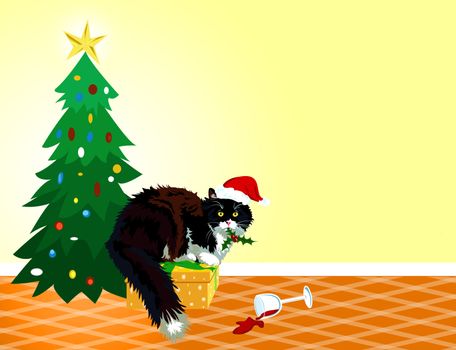 Suave cat holding mistletoe while sitting on gift and spilling red wine over the capet. Funny Christmas cartoon card.