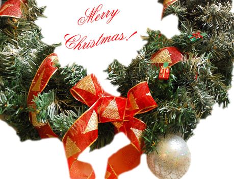 A decorated twig of fir, with red and gold band and little gifts, nd a ball. The background is white and it's written " Merry Christmas!".