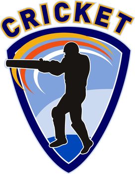 illustration of a cricket sports player batsman silhouette batting set inside shield with words "cricket"