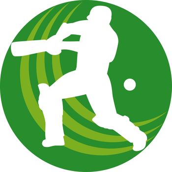 illustration of a cricket sports player batsman silhouette batting set inside a circle or bal shape