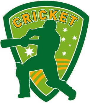 illustration of a cricket sports player batsman silhouette batting set inside shield with stars of australian flag greenand gold