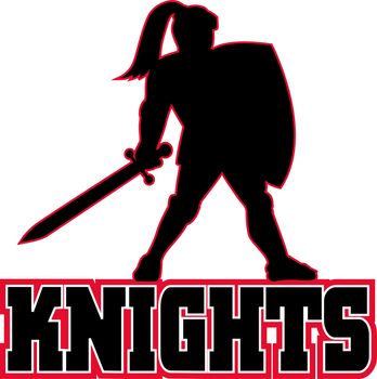 illustration of a Knight silhouette with sword and shield facing side in white background with words "Knights" suitable as mascot for any sports or sporting club or organization