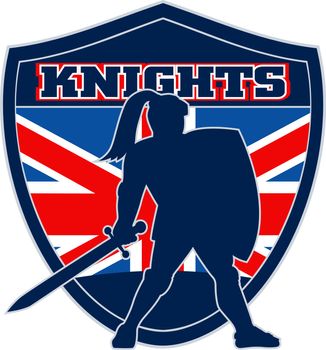 illustration of a Knight silhouette with sword and shield facing side with GB Great Britain British union jack flag in background words "Knights" suitable as mascot for any sports or sporting club or organization