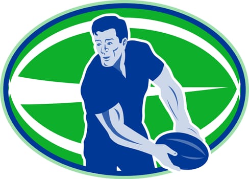 illustration of a rugby player passing ball viewed from front with ball in background  retro style