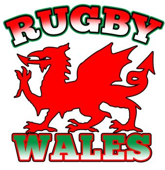 illustration of a red dragon symbol flag of Wales with words "Rugby Wales"