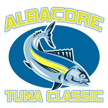 retro style illustration of an albacore tuna diving with words "albacore tuna classic"