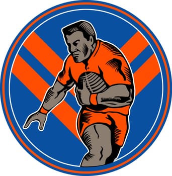illustration of a Rugby player running with ball set inside oval with chevron in background set in circle done in woodcut style