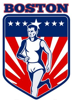 illustration of a Marathon runner done in retro style with  stars sunburst and stripes in shield with words "boston"