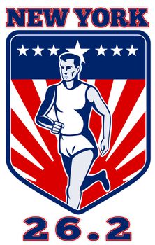 illustration of a Marathon runner done in retro style with  stars sunburst and stripes in shield with words "marathon 26.2"