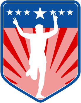 illustration of a silhouette of Marathon runner flashing victory sign done in retro style with  stars sunburst and stripes in shield