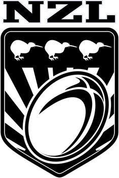 illustration of a rugby ball set inside shield with kiwi bird and words NZL "new zealand " in all black and white