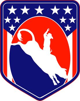 retro style illustration of a silhouette of an American  Rodeo Cowboy riding  a bucking jumping bull viewed from side inside shield with stars and stripes