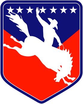 retro style illustration of a silhouette of an American  Rodeo Cowboy riding  a bucking bronco horse jumping viewed from side inside shield with stars