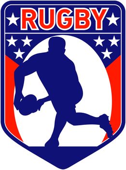 retro style illustration of a rugby player passing ball viewed from front with shield in background and words "rugby"