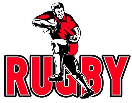 retro style illustration of a Rugby player running with ball and fending off on white background