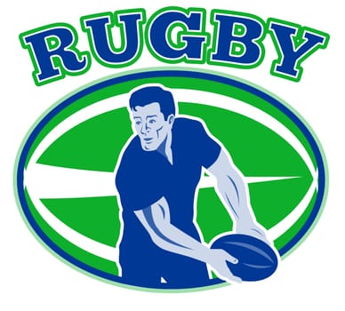 illustration of a rugby player passing ball viewed from front with ball in background and words "rugby"
