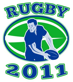 retro style illustration of a rugby player passing ball viewed from front with ball in background and words "rugby 2011"