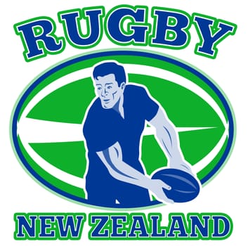 retro style illustration of a rugby player passing ball viewed from front with ball in background and words "rugby new zealand"