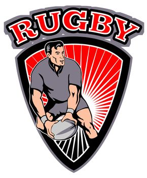 retro style illustration of a rugby player passing ball with shield in background and words "rugby"