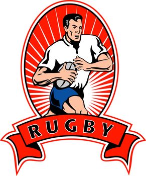 illustration of a Rugby player running with ball set inside oval with sunburst in background and scroll ribbon in foreground done in retro style