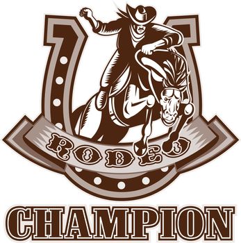 retro woodcut style illustration of an American  Rodeo Cowboy riding  a bucking bronco horse jumping with horseshoe in background and scroll with words "rodeo"