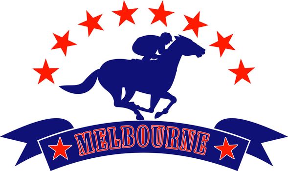illustration of a horse and jockey racing silhouette with scroll in front and stars in background isolated on white  with words Melbourne Australlia