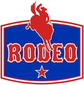 retro style illustration of an American  Rodeo Cowboy riding  a bucking bronco horse jumping with star and  in background with words "rodeo"