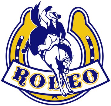 retro style illustration of a Rodeo Cowboy riding  a jumping bronco horse jumping with horseshoe in background and scroll in foreground 
