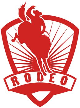 retro style illustration of an American  Rodeo Cowboy riding  a bucking bronco horse jumping with sunburst in  shield background and scroll with words "rodeo"
