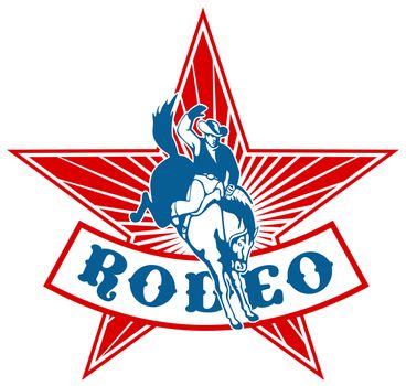 retro style illustration of an American  Rodeo Cowboy riding  a bucking bronco horse jumping with star and sunburst in background and scroll with words "rodeo"