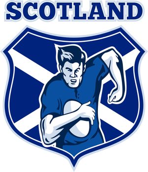 illustration of a Scottish rugby player running with the ball facing front view with Scotland flag shield in background 