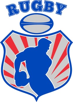 illustration of a Rugby player silhouette running passing ball inside shield background