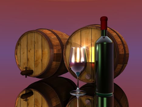 wine, barrels, glass and bottle