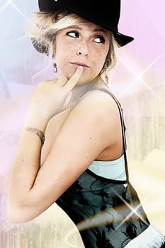 Illustration and Photograph combination of beautiful young woman with freckles in hat over pastel grunge background.