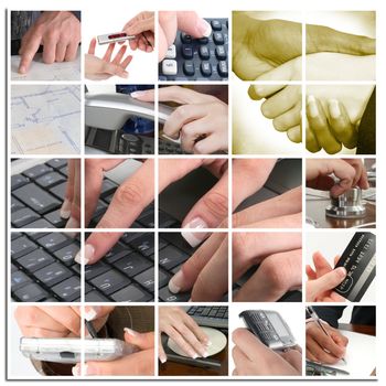 Various hands with technology and other business themes in collage.